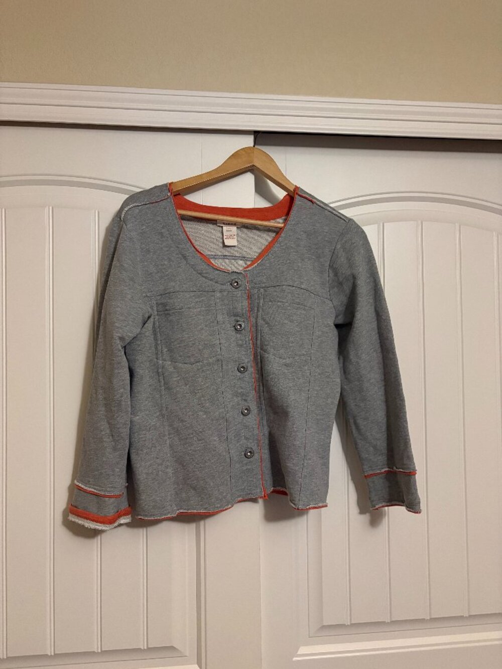 Sundance Button Front Cardigan PL Petite Large Gray Orange Trim 100% Cotton
